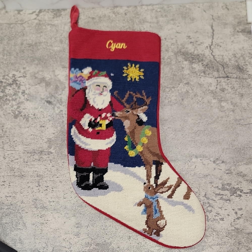 Vintage Lands End Needlepoint Christmas Stocking Santa & Reindeer Cyan